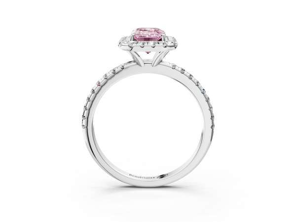 White gold Fancy Pink Emerald  Halo Round Diamond Pavé Band Four-Prong Ring