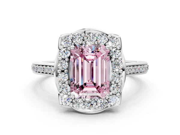 Platinum Fancy Pink Emerald  Halo Round Diamond Pave Band with Four-Prong Setting