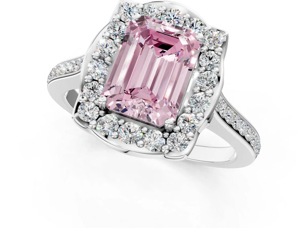 Platinum Fancy Pink Emerald  Halo Round Diamond Pave Band with Four-Prong Setting