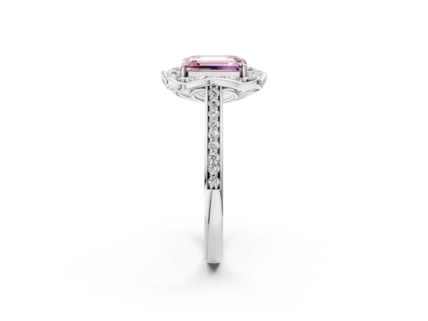 Platinum Fancy Pink Emerald  Halo Round Diamond Pave Band with Four-Prong Setting