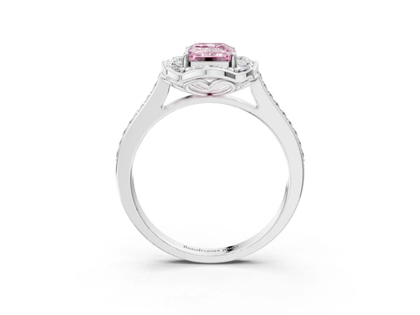 Platinum Fancy Pink Emerald  Halo Round Diamond Pave Band with Four-Prong Setting
