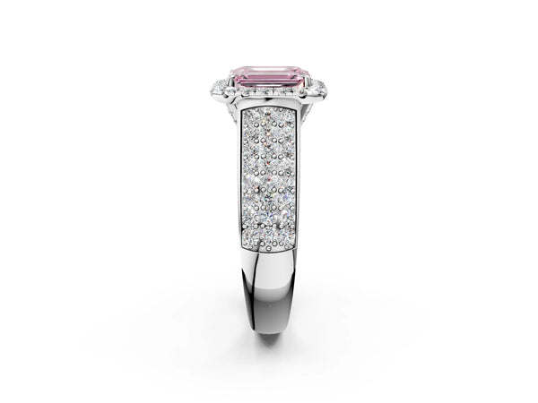 White gold Fancy Pink Emerald  Halo Round Diamond Pave Band with Prong Setting