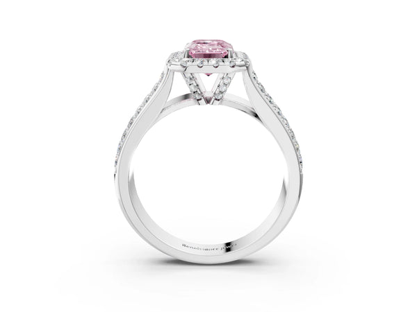 White gold Fancy Pink Emerald  Halo Round Diamond Pave Band with Prong Setting