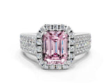 White gold Fancy Pink Emerald  Halo Round Diamond Pave Band with Prong Setting