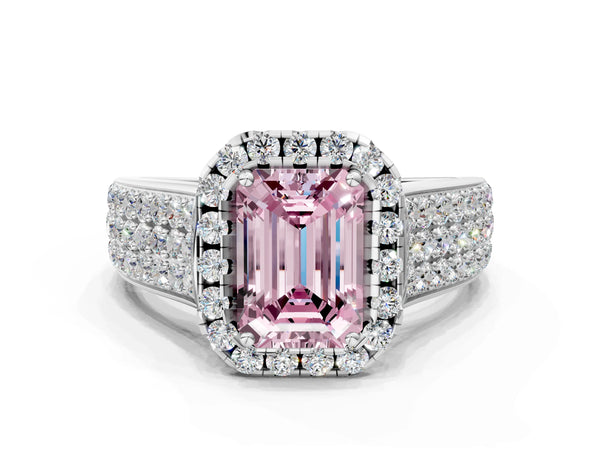 White gold Fancy Pink Emerald  Halo Round Diamond Pave Band with Prong Setting