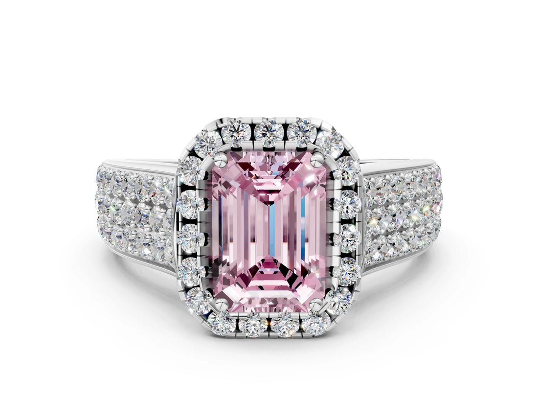 White gold Fancy Pink Emerald  Halo Round Diamond Pave Band with Prong Setting_12