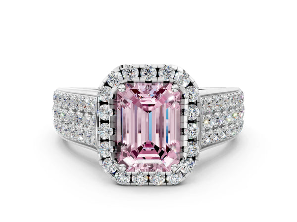 White gold Fancy Pink Emerald  Halo Round Diamond Pave Band with Prong Setting
