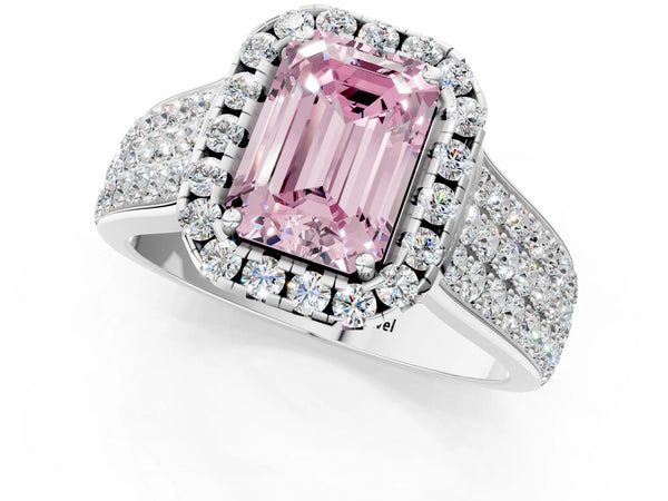 White gold Fancy Pink Emerald  Halo Round Diamond Pave Band with Prong Setting
