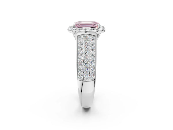 White gold Fancy Pink Emerald  Halo Round Diamond Pave Band with Prong Setting