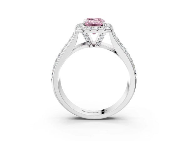 White gold Fancy Pink Emerald  Halo Round Diamond Pave Band with Prong Setting