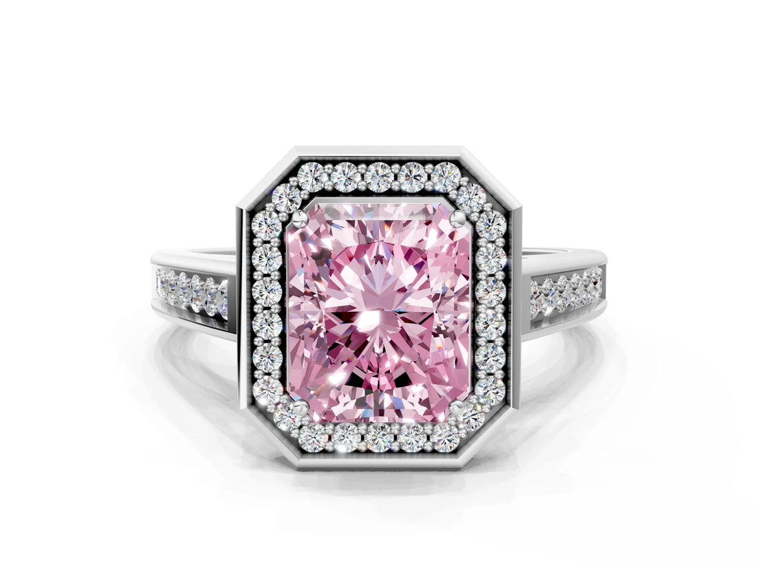 White gold Fancy Pink Emerald  Halo Solitaire Diamond Ring with Pave Band and Bezel Setting_47