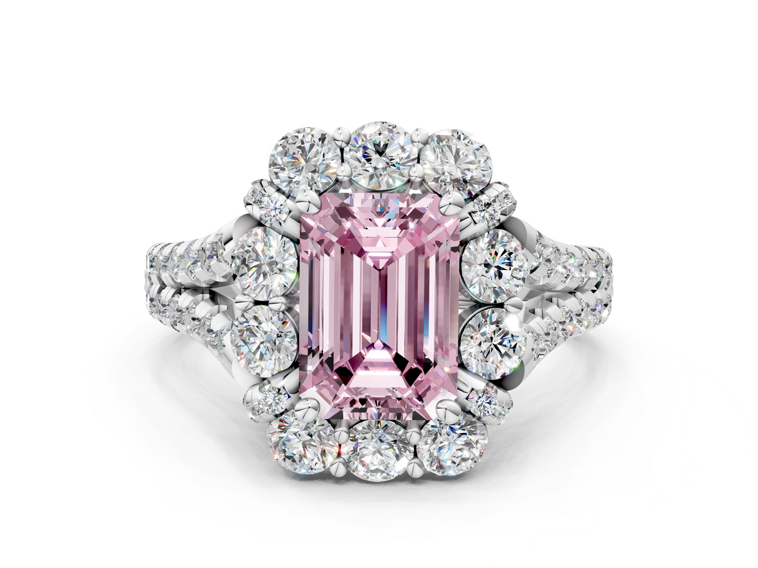 White gold Fancy Pink Emerald  Halo Split Shank Diamond Engagement Ring with Pave Band and Four-Prong Setting_54