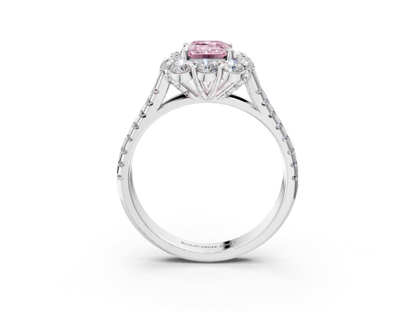 White gold Fancy Pink Emerald  Halo Split Shank Diamond Engagement Ring with Pave Band and Four-Prong Setting