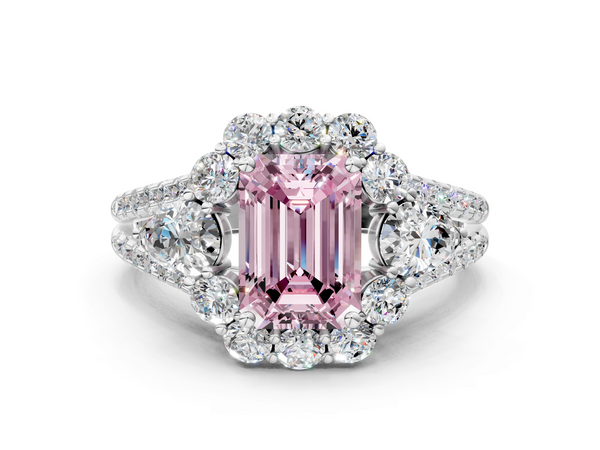 Platinum Fancy Pink Emerald  Halo Split Shank Diamond Engagement Ring with Prong Setting