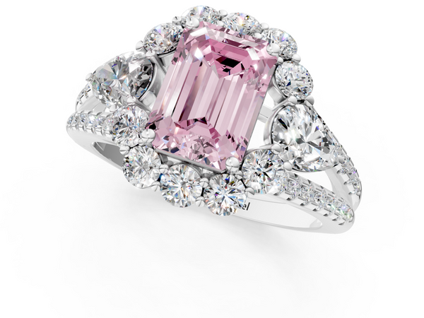 Platinum Fancy Pink Emerald  Halo Split Shank Diamond Engagement Ring with Prong Setting