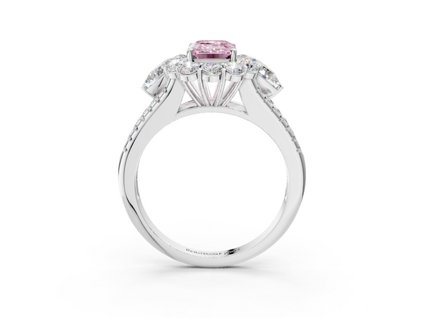 Platinum Fancy Pink Emerald  Halo Split Shank Diamond Engagement Ring with Prong Setting