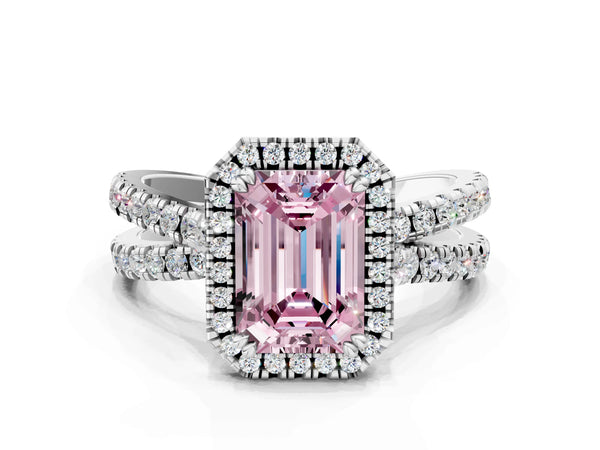 Platinum Fancy Pink Emerald  Halo Split Shank Diamond Ring with Pavé Setting