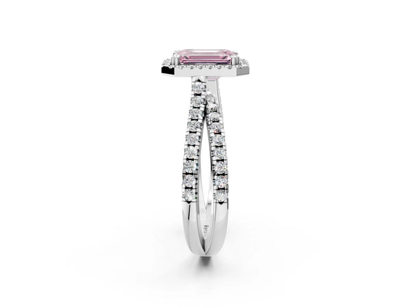 Platinum Fancy Pink Emerald  Halo Split Shank Diamond Ring with Pavé Setting