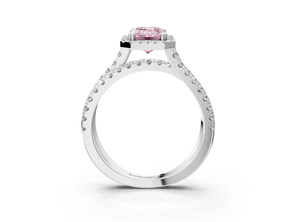 Platinum Fancy Pink Emerald  Halo Split Shank Diamond Ring with Pavé Setting