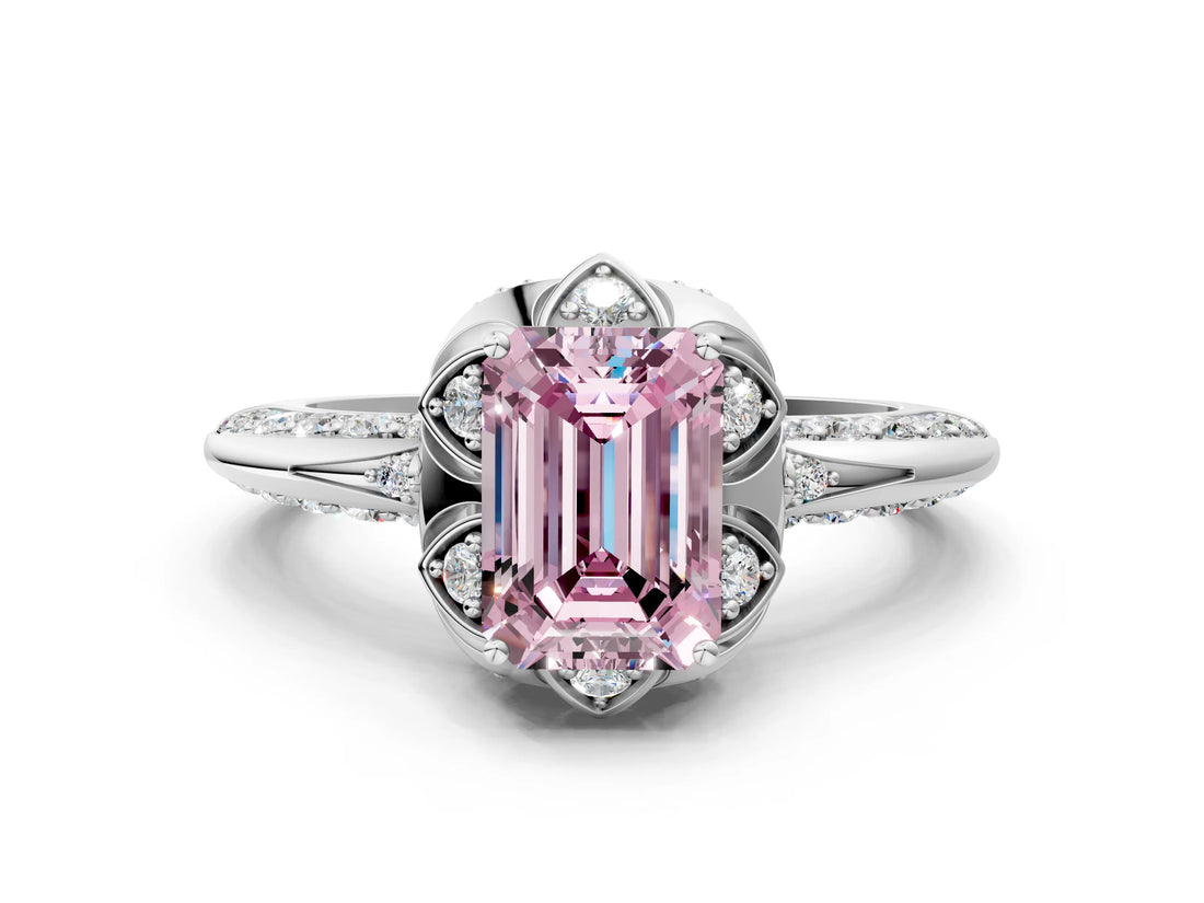 White gold Fancy Pink Emerald  Halo Split Shank Pave Diamond Ring with Petal Prong Setting_44