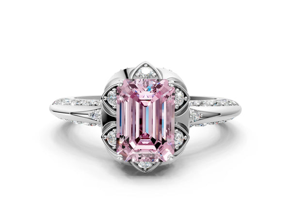 Platinum Fancy Pink Emerald  Halo Split Shank Pave Diamond Ring with Petal Prong Setting
