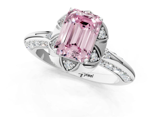Platinum Fancy Pink Emerald  Halo Split Shank Pave Diamond Ring with Petal Prong Setting