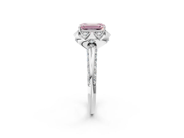 Platinum Fancy Pink Emerald  Halo Split Shank Pave Diamond Ring with Petal Prong Setting