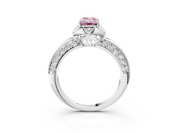 Platinum Fancy Pink Emerald  Halo Split Shank Pave Diamond Ring with Petal Prong Setting