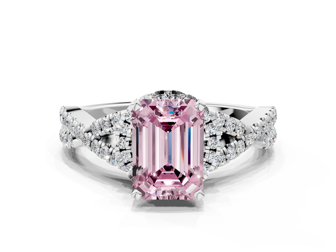 White gold Fancy Pink Emerald  Halo Twist Band Solitaire Prong Setting Ring_114
