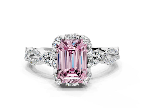 Platinum Fancy Pink Emerald  Halo Twist Band Solitaire Ring with Six-Prong Setting