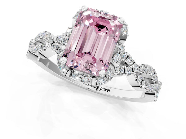 Platinum Fancy Pink Emerald  Halo Twist Band Solitaire Ring with Six-Prong Setting