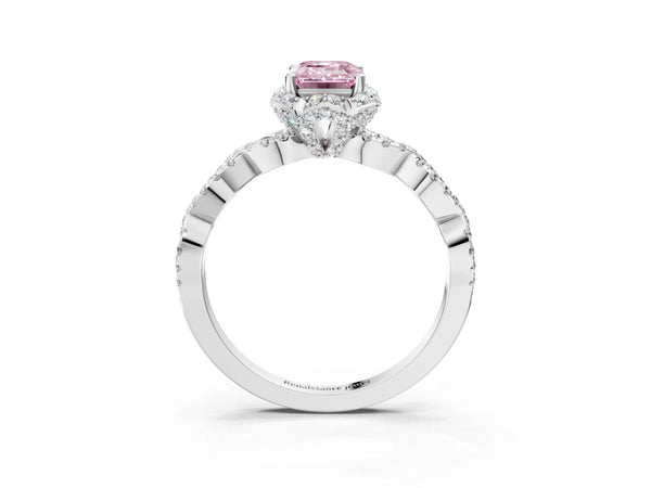 Platinum Fancy Pink Emerald  Halo Twist Band Solitaire Ring with Six-Prong Setting