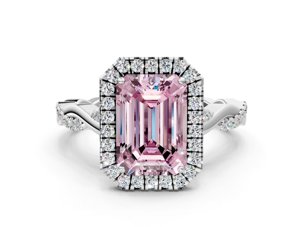 Platinum Fancy Pink Emerald  Halo Twist Band Solitaire Ring