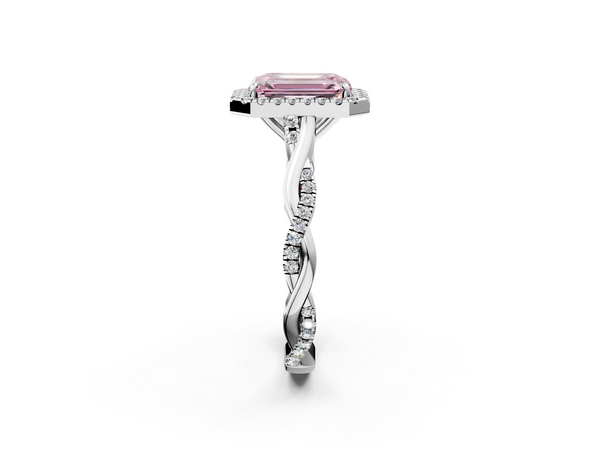 Platinum Fancy Pink Emerald  Halo Twist Band Solitaire Ring