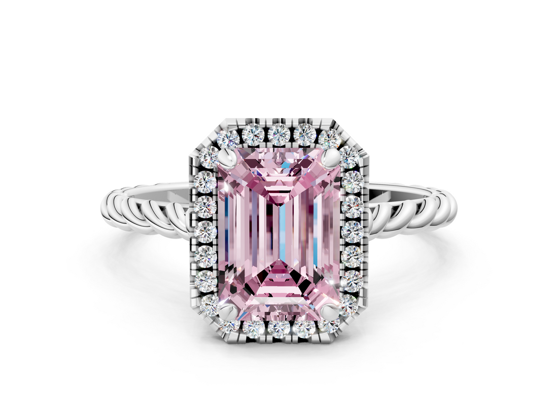 White gold Fancy Pink Emerald  Halo Twisted Band Four-Prong Diamond Ring_20
