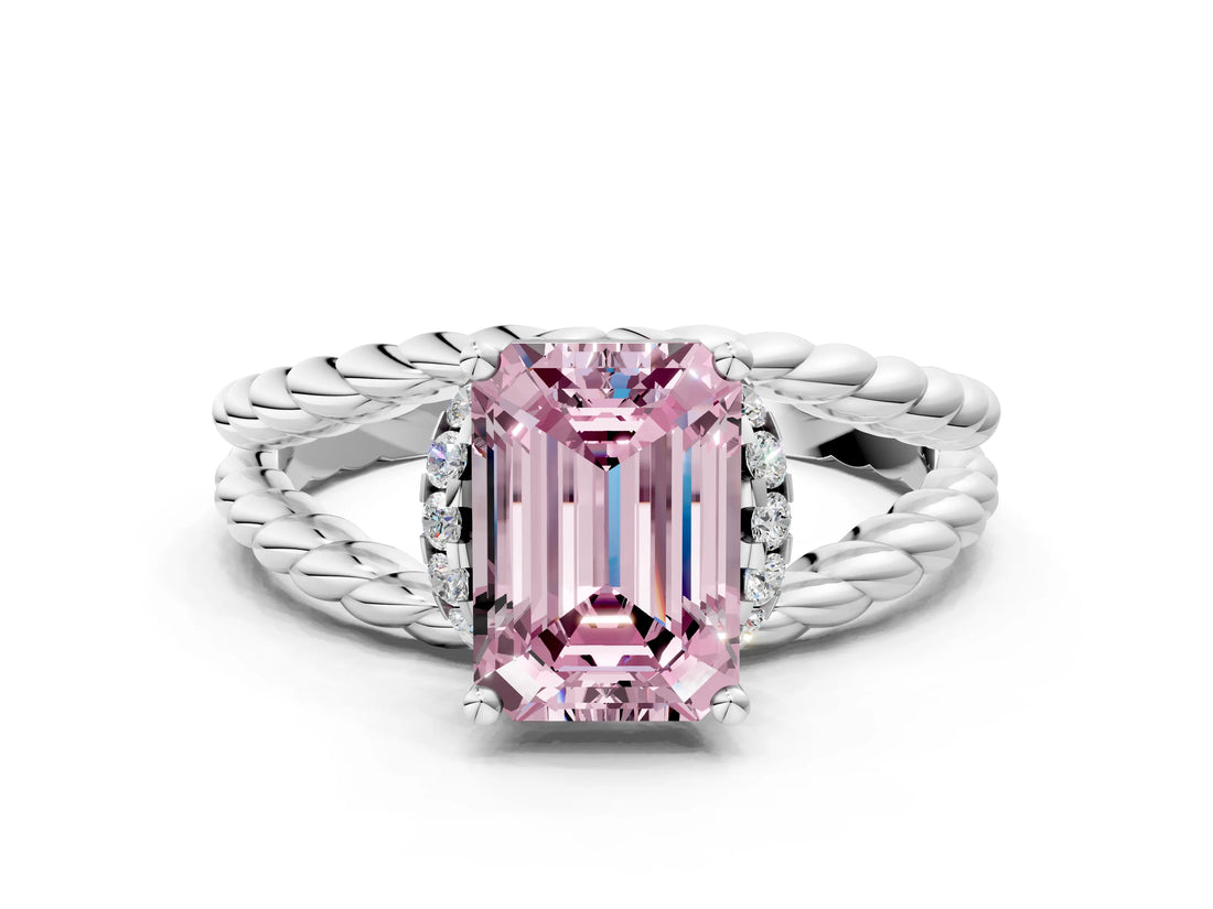 White gold Fancy Pink Emerald  Halo Twisted Band Four-Prong Ring_32