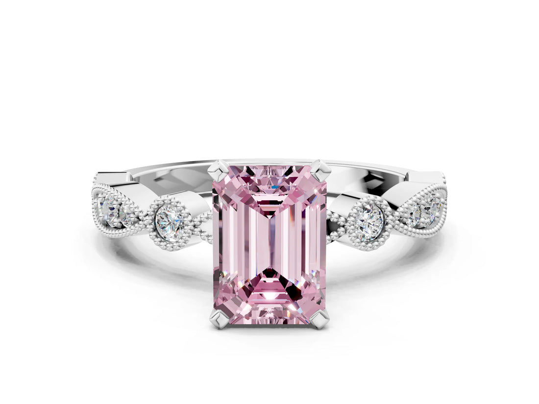 White gold Fancy Pink Emerald  Milgrain Bezel Diamond Engagement Ring with Solitaire Prong Setting_189