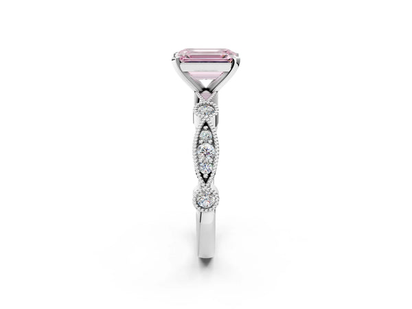 Platinum Emerald Cut Milgrain Bezel Engagement Ring Setting for Fancy Pink Center