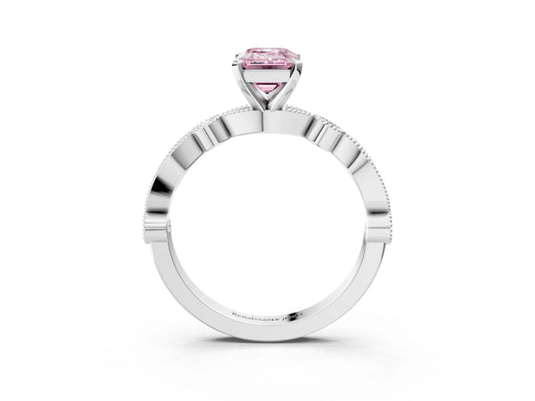 Platinum Emerald Cut Milgrain Bezel Engagement Ring Setting for Fancy Pink Center