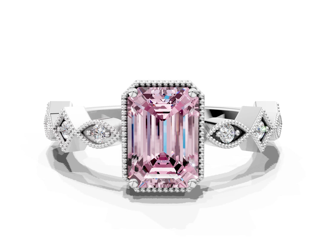 White gold Fancy Pink Emerald  Milgrain Marquise Diamond Twist Band Ring_79