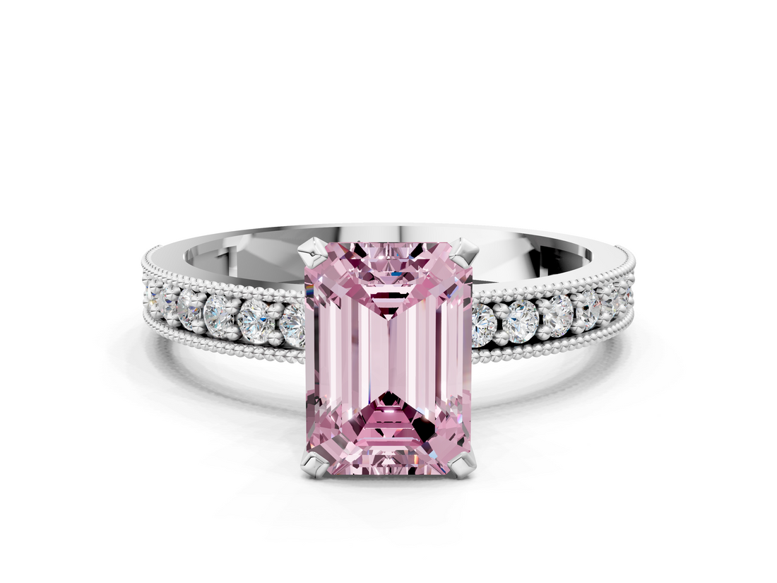 White gold Fancy Pink Emerald  Milgrain Pave Diamond Engagement Ring with Four-Prong Setting_155