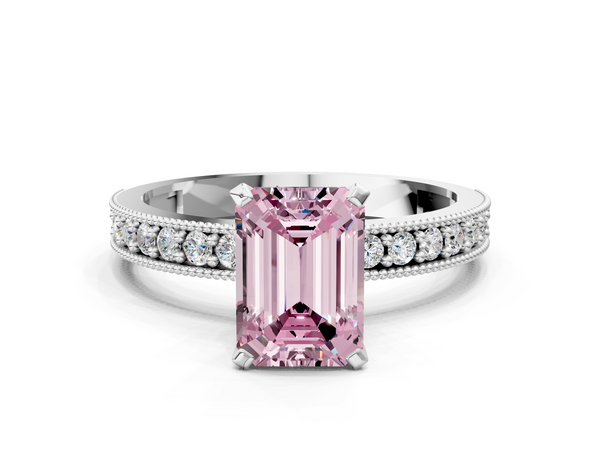 Platinum Fancy Pink Emerald Cut Diamond Milgrain Pavé Engagement Ring with Four-Prong Setting
