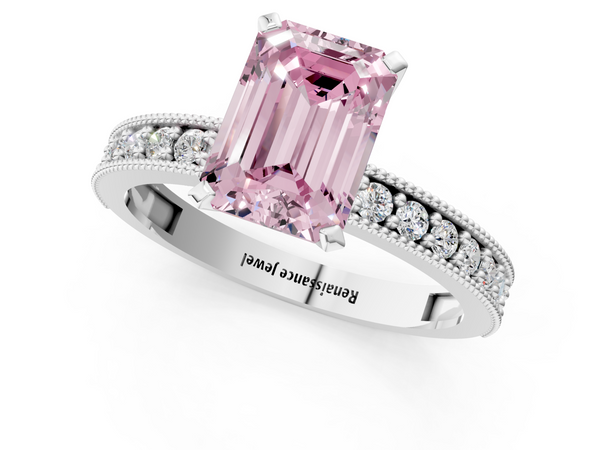 Platinum Fancy Pink Emerald Cut Diamond Milgrain Pavé Engagement Ring with Four-Prong Setting