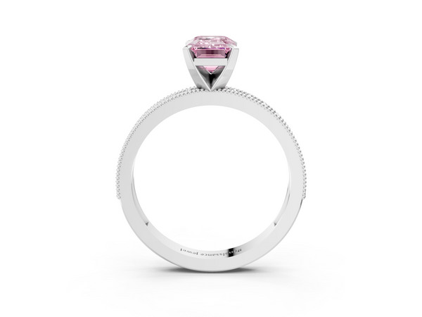 Platinum Fancy Pink Emerald Cut Diamond Milgrain Pavé Engagement Ring with Four-Prong Setting