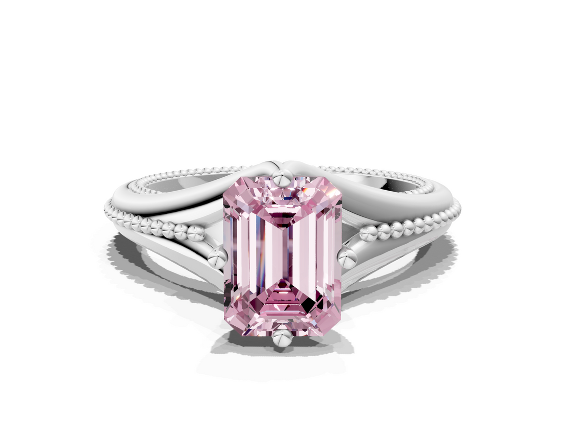 White gold Fancy Pink Emerald  Solitaire Beaded Band Six-Prong Setting