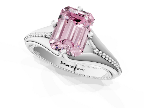 White gold Fancy Pink Emerald  Solitaire Beaded Band Six-Prong Setting