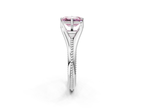 White gold Fancy Pink Emerald  Solitaire Beaded Band Six-Prong Setting