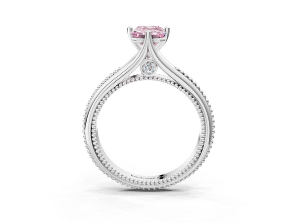 White gold Fancy Pink Emerald  Solitaire Beaded Band Six-Prong Setting