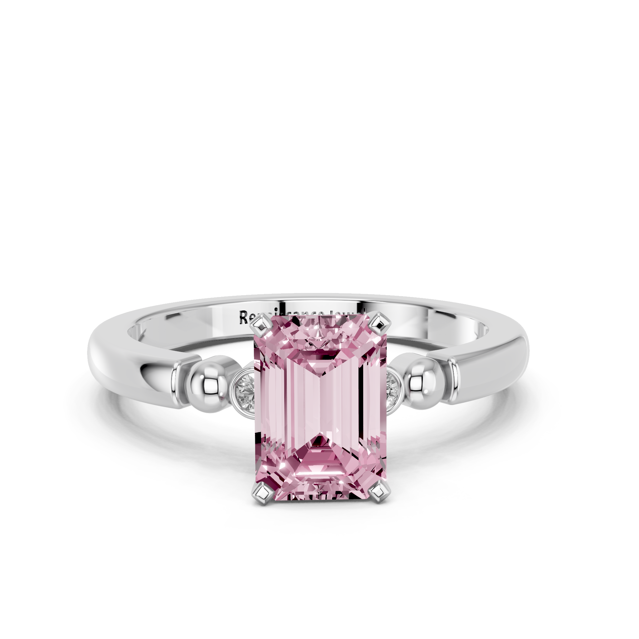 White gold Fancy Pink Emerald  Solitaire Beaded Band with Four-Prong Setting_11