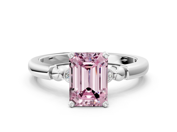 Platinum Fancy Pink Emerald  Solitaire Beaded Band with Four-Prong Setting
